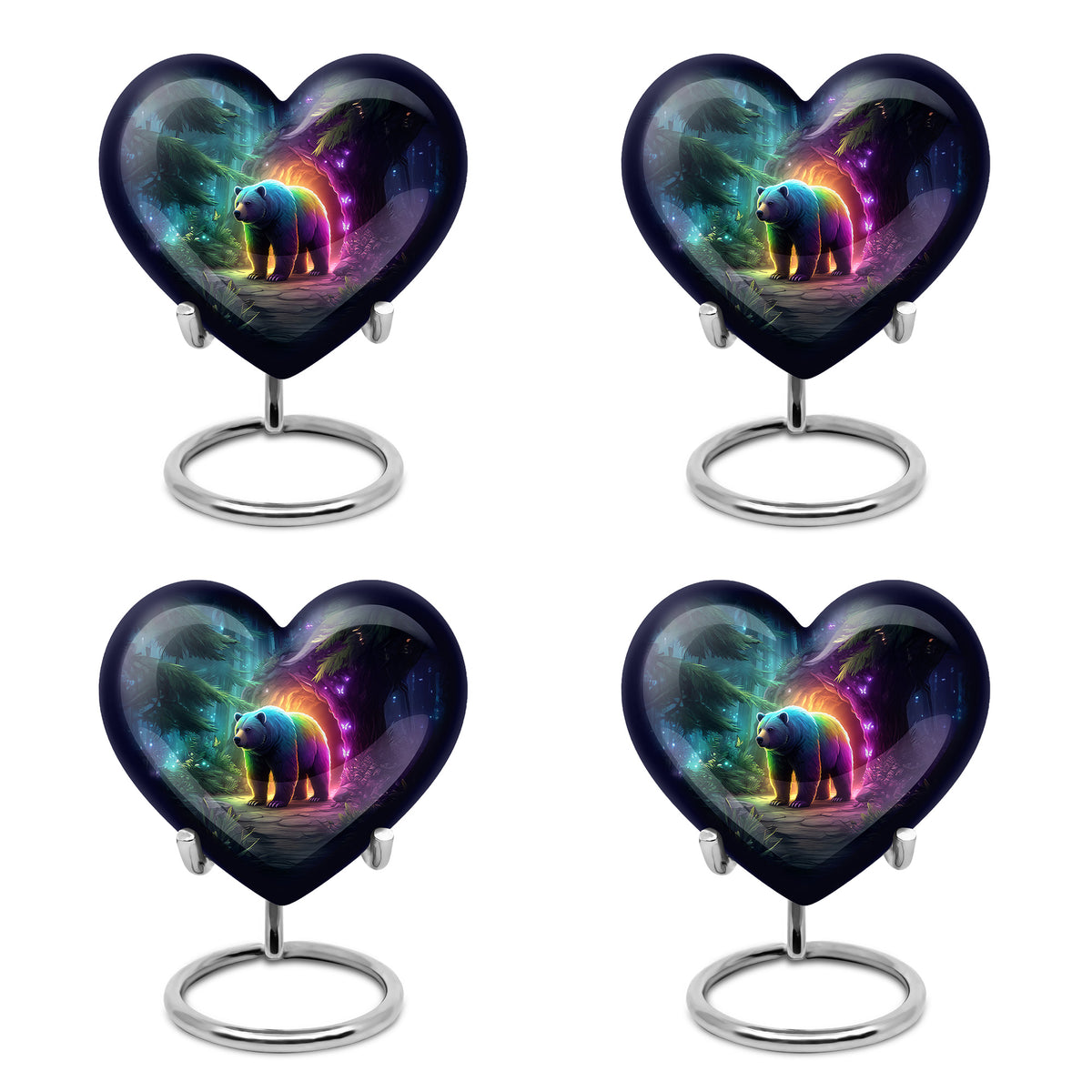Icy Blue Bear Cremation Urn angled view of lid and engraved motif - heart-shaped bear design symbolizing eternal love - 10 inch aluminum urn for cremated remains