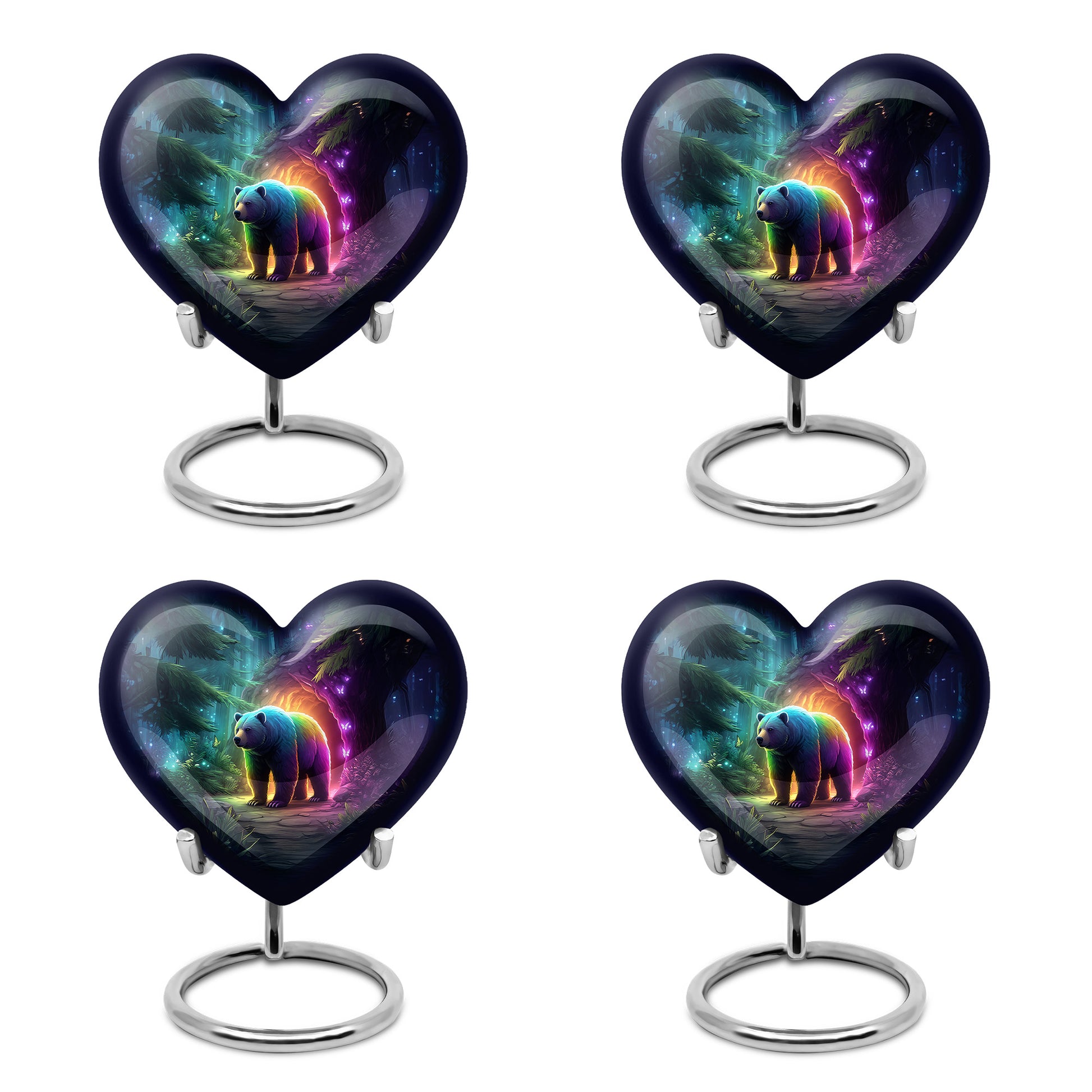 Icy Blue Bear Cremation Urn angled view of lid and engraved motif - heart-shaped bear design symbolizing eternal love - 10 inch aluminum urn for cremated remains