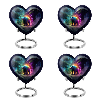 Icy Blue Bear Cremation Urn angled view of lid and engraved motif - heart-shaped bear design symbolizing eternal love - 10 inch aluminum urn for cremated remains