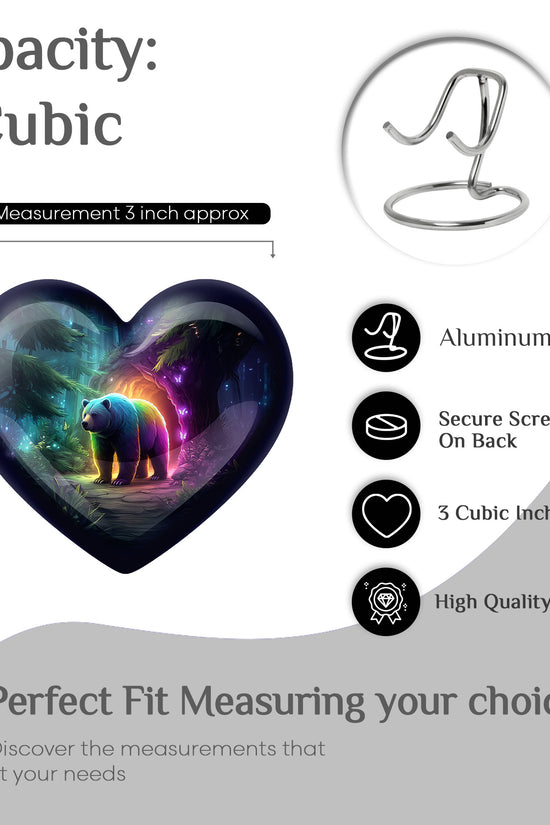 Calming Blue Bear Cremation Urn front view showing detailed design - romantic heart urn with bear motif on aluminum - mini keepsake memorial for portion of cremation ashes