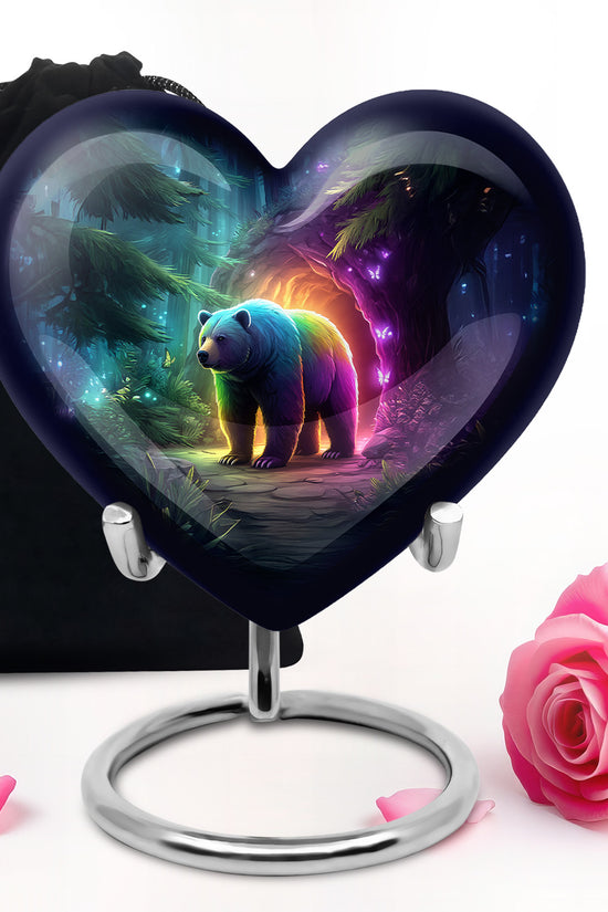 Serene Blue Bear Cremation Urn detail view - romantic heart urn with bear motif on aluminum - full-size 10 inch 200 cubic inch adult cremation urn