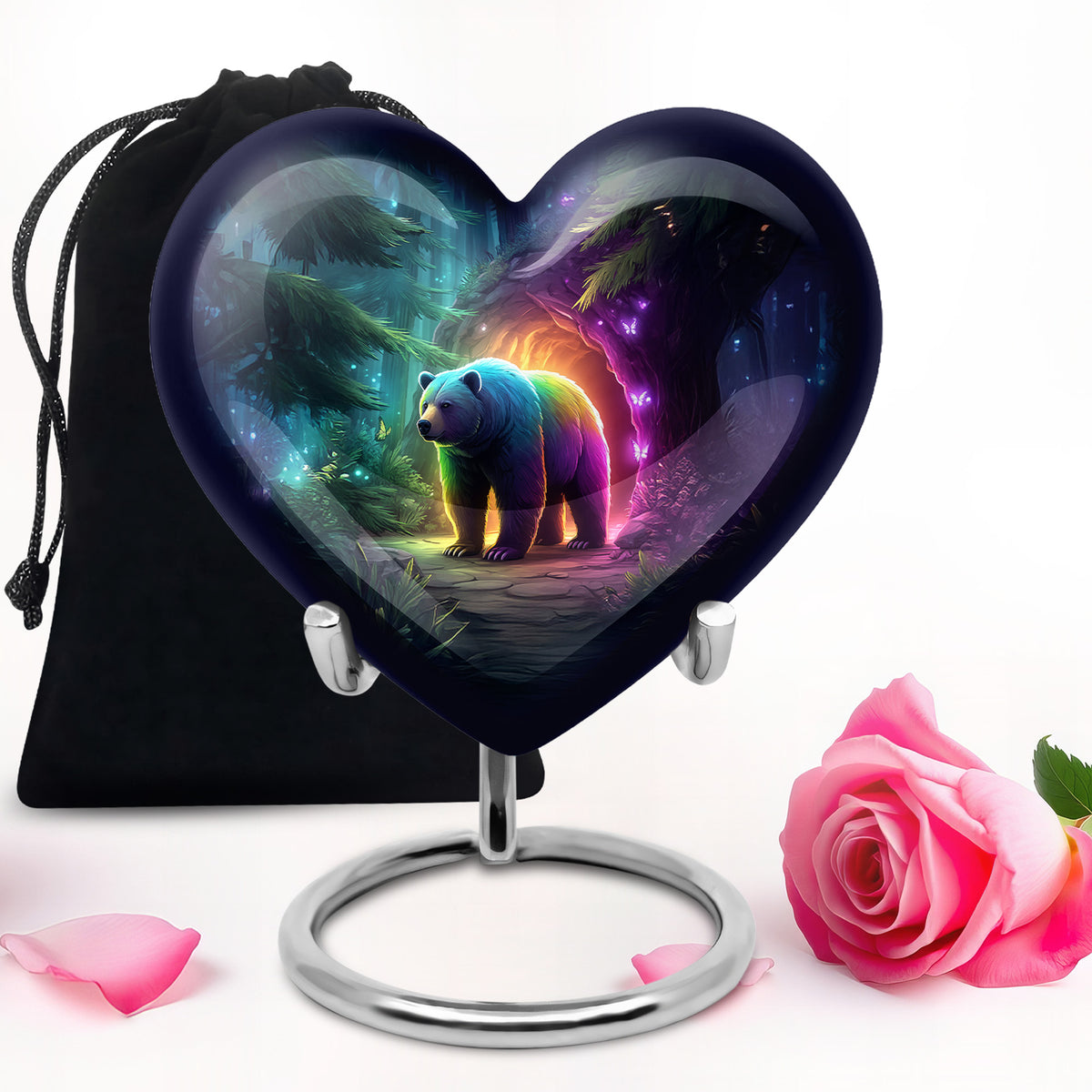 Serene Blue Bear Cremation Urn detail view - romantic heart urn with bear motif on aluminum - full-size 10 inch 200 cubic inch adult cremation urn