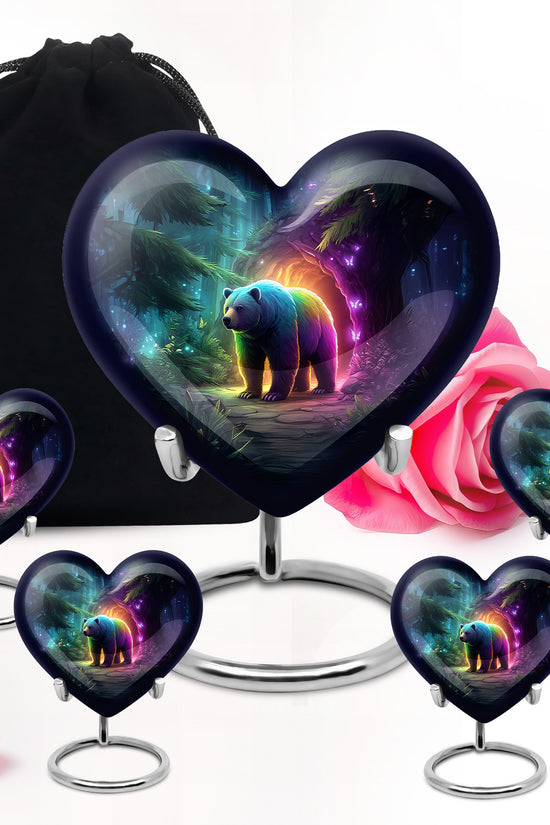 Dusty Blue Bear Cremation Urn close-up of engraving and surface detail - loving heart memorial featuring bear pattern - memorial set with one large and four small urns