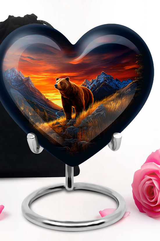 Serene Blue Bear Cremation Urn detail view - romantic heart urn with bear motif on aluminum - full-size 10 inch 200 cubic inch adult cremation urn