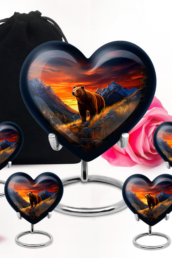 Royal Blue Bear Cremation Urn close-up of engraving and surface detail - romantic heart urn with bear motif on aluminum - memorial set with one large and four small urns