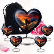 Royal Blue Bear Cremation Urn close-up of engraving and surface detail - romantic heart urn with bear motif on aluminum - memorial set with one large and four small urns