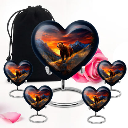 Royal Blue Bear Cremation Urn close-up of engraving and surface detail - romantic heart urn with bear motif on aluminum - memorial set with one large and four small urns