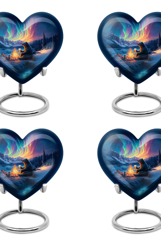 Dusty Blue Bear Cremation Urn angled view of lid and engraved motif - heart-shaped bear design symbolizing eternal love - 10 inch aluminum urn for cremated remains