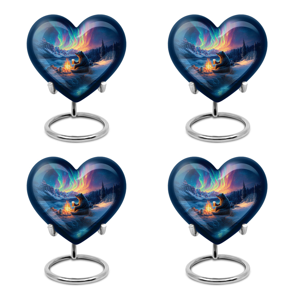 Dusty Blue Bear Cremation Urn angled view of lid and engraved motif - heart-shaped bear design symbolizing eternal love - 10 inch aluminum urn for cremated remains