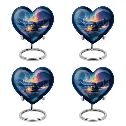 Dusty Blue Bear Cremation Urn angled view of lid and engraved motif - heart-shaped bear design symbolizing eternal love - 10 inch aluminum urn for cremated remains