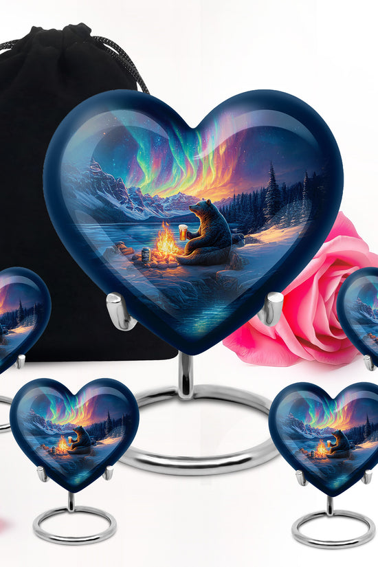 Celestial Blue Bear Cremation Urn close-up of engraving and surface detail - heart-shaped bear design symbolizing eternal love - memorial set with one large and four small urns