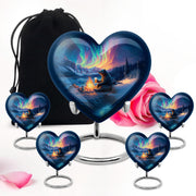 Celestial Blue Bear Cremation Urn close-up of engraving and surface detail - heart-shaped bear design symbolizing eternal love - memorial set with one large and four small urns