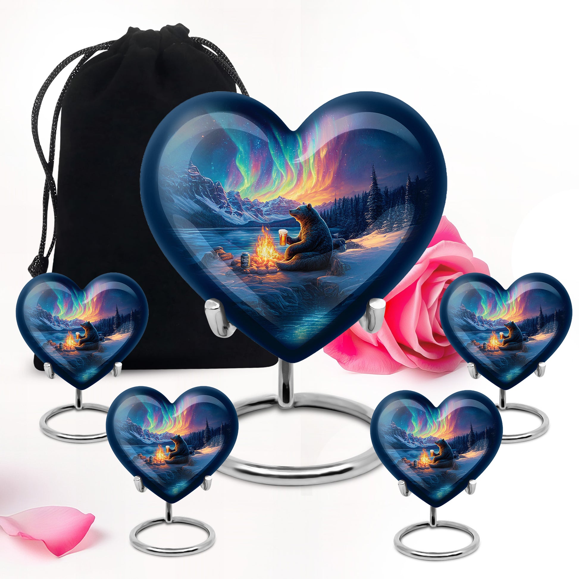 Celestial Blue Bear Cremation Urn close-up of engraving and surface detail - heart-shaped bear design symbolizing eternal love - memorial set with one large and four small urns