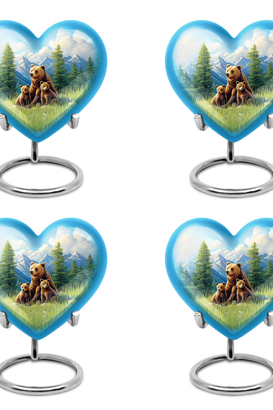 Navy Blue Bear Cremation Urn angled view of lid and engraved motif - loving heart memorial featuring bear pattern - 10 inch aluminum urn for cremated remains
