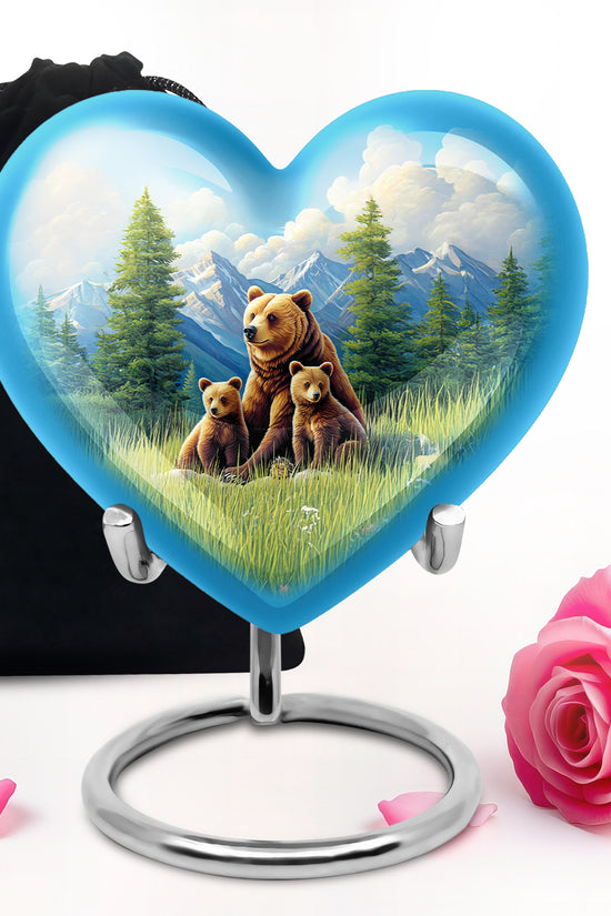 Sky Blue Bear Cremation Urn detail view - loving heart memorial featuring bear pattern - full-size 10 inch 200 cubic inch adult cremation urn