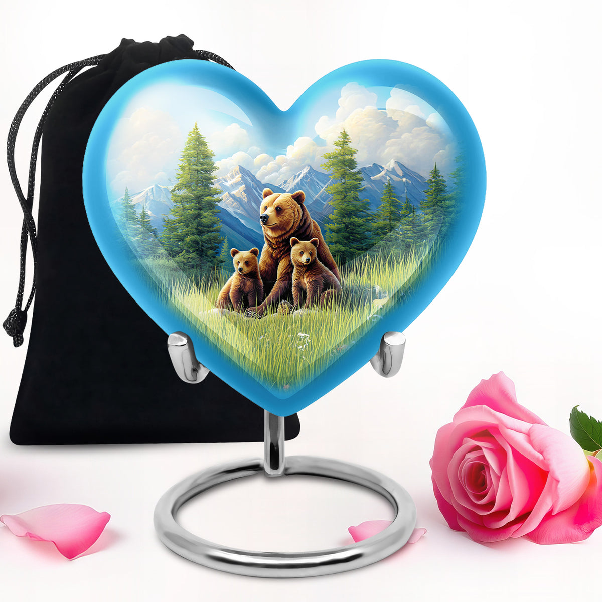 Sky Blue Bear Cremation Urn detail view - loving heart memorial featuring bear pattern - full-size 10 inch 200 cubic inch adult cremation urn