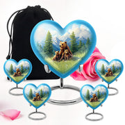 Sapphire Blue Bear Cremation Urn close-up of engraving and surface detail - romantic heart urn with bear motif on aluminum - memorial set with one large and four small urns