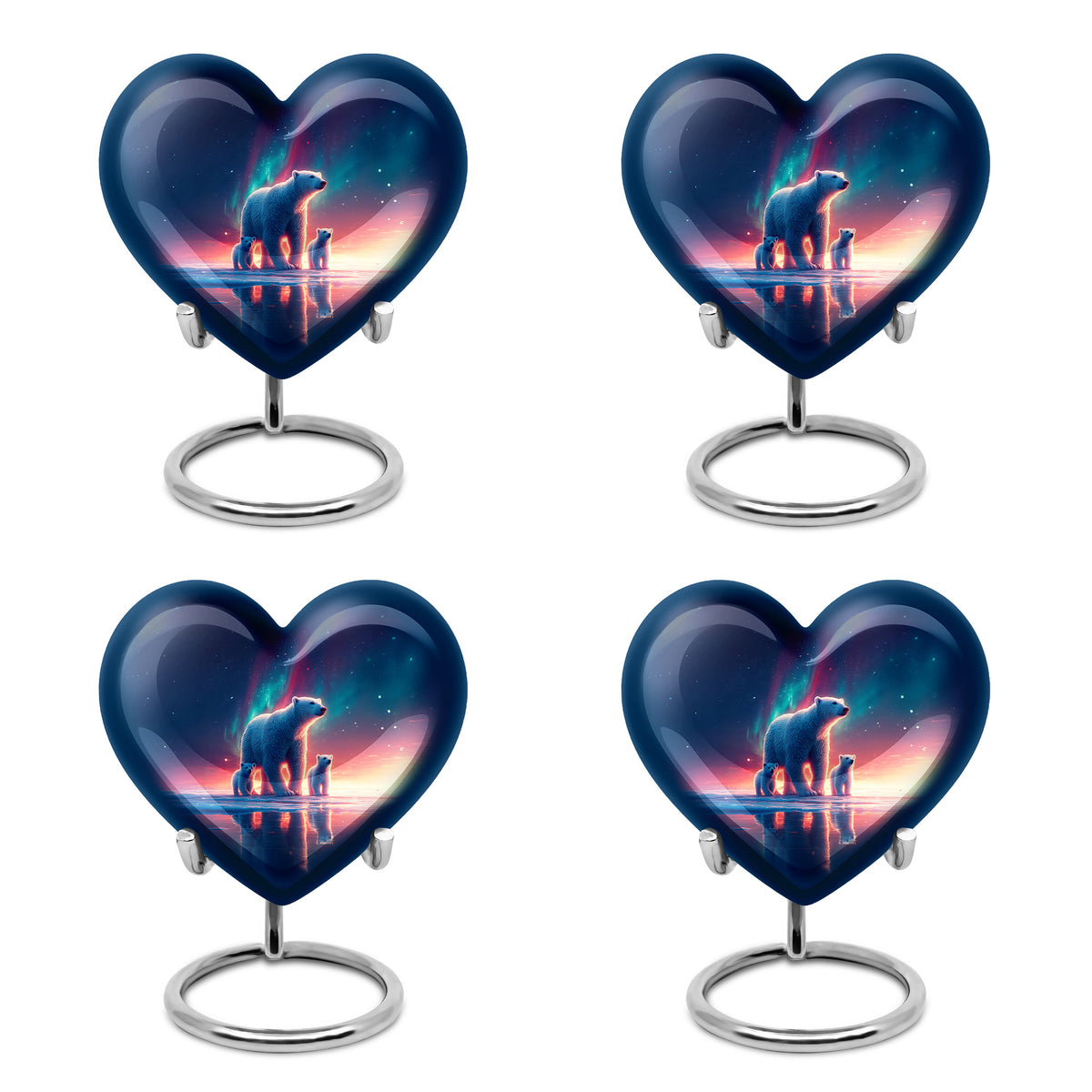 Icy Blue Bear Cremation Urn angled view of lid and engraved motif - loving heart memorial featuring bear pattern - 10 inch aluminum urn for cremated remains