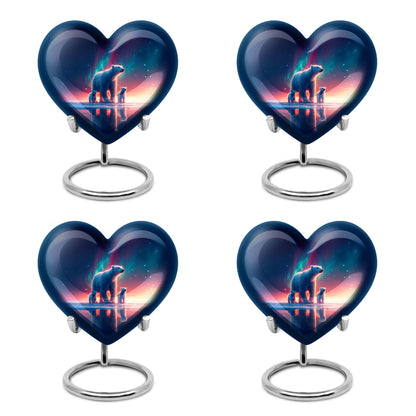 Icy Blue Bear Cremation Urn angled view of lid and engraved motif - loving heart memorial featuring bear pattern - 10 inch aluminum urn for cremated remains