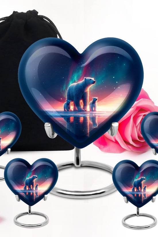 Celestial Blue Bear Cremation Urn close-up of engraving and surface detail - loving heart memorial featuring bear pattern - memorial set with one large and four small urns