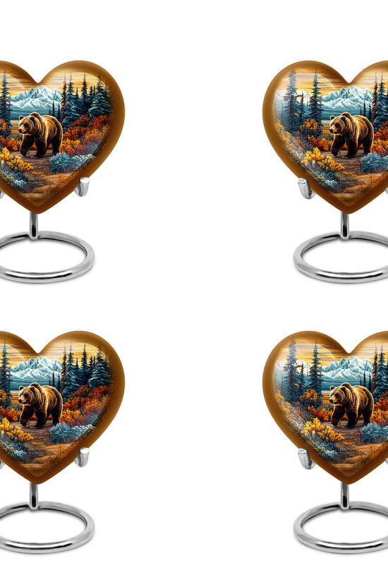 Matte Gold Bear Cremation Urn angled view of lid and engraved motif - compassionate heart-bear combination with gentle curves - 10 inch aluminum urn for cremated remains