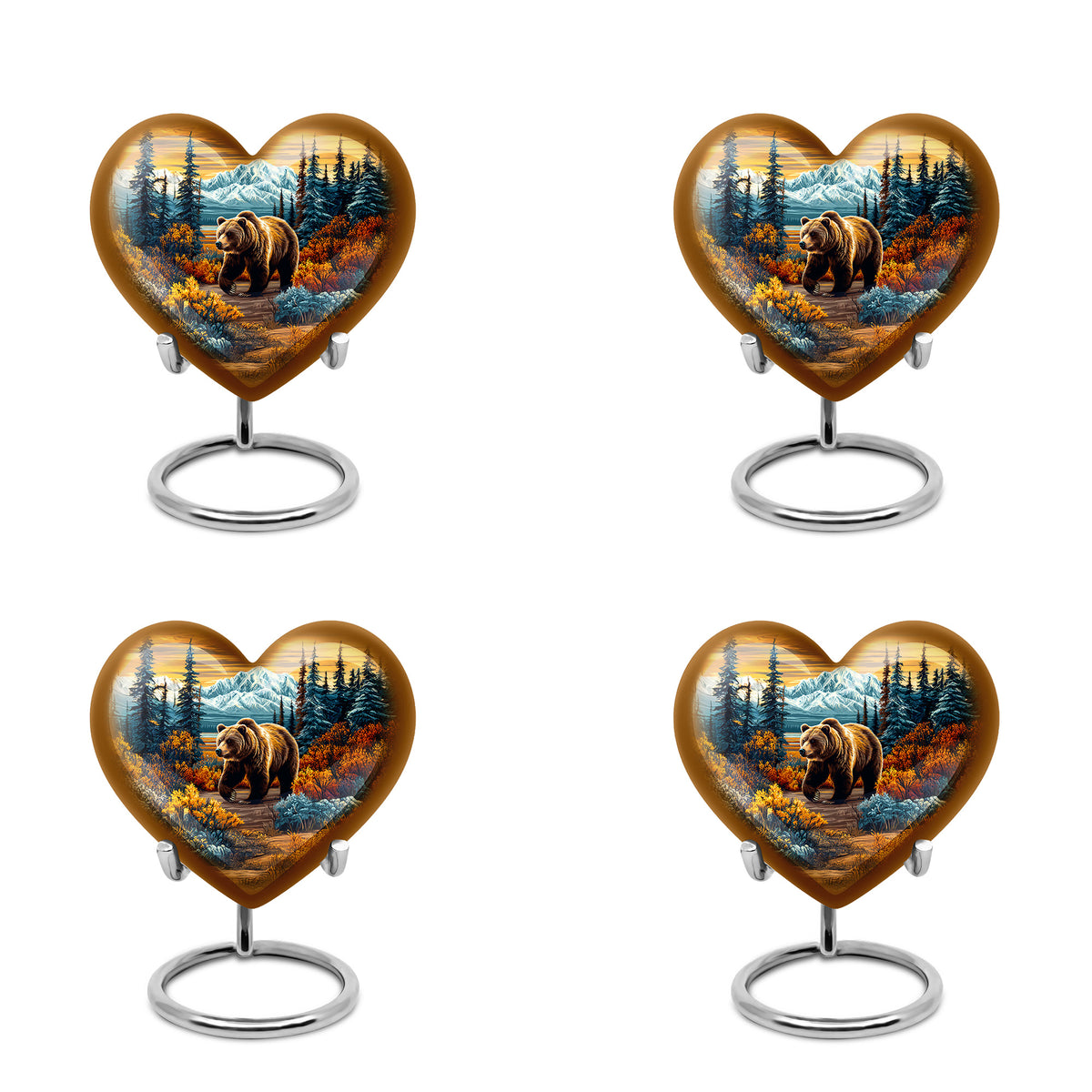 Matte Gold Bear Cremation Urn angled view of lid and engraved motif - compassionate heart-bear combination with gentle curves - 10 inch aluminum urn for cremated remains