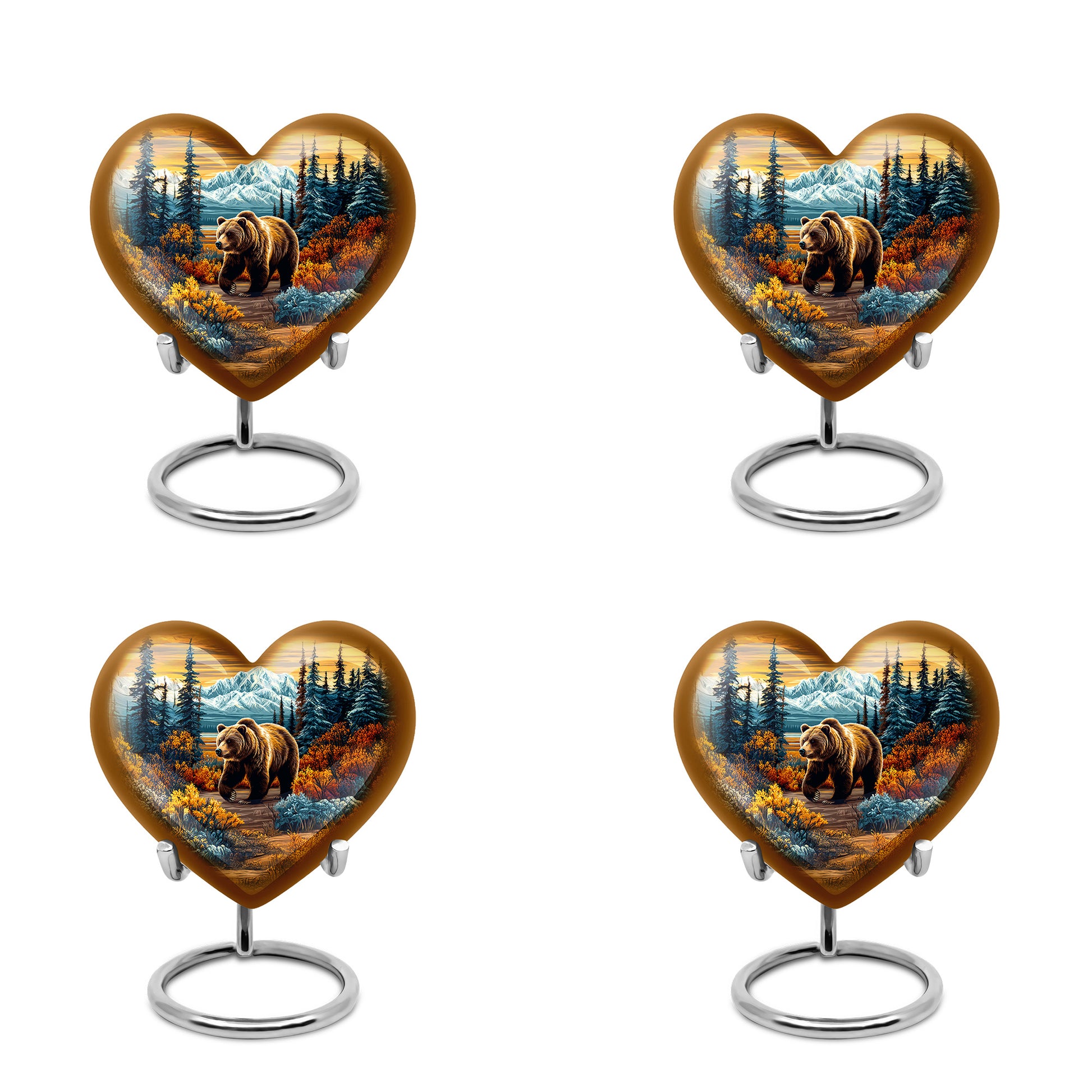 Matte Gold Bear Cremation Urn angled view of lid and engraved motif - compassionate heart-bear combination with gentle curves - 10 inch aluminum urn for cremated remains