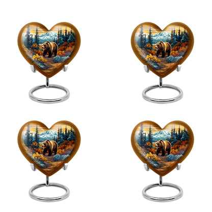 Matte Gold Bear Cremation Urn angled view of lid and engraved motif - compassionate heart-bear combination with gentle curves - 10 inch aluminum urn for cremated remains