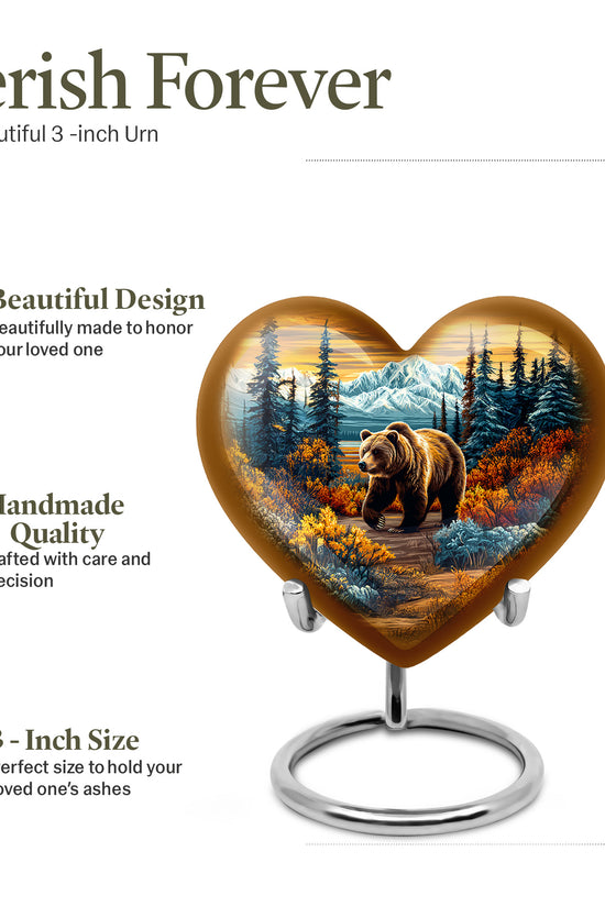 Warm Gold Bear Cremation Urn front view showing detailed design - romantic heart urn with bear motif on aluminum - mini keepsake memorial for portion of cremation ashes