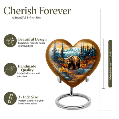 Warm Gold Bear Cremation Urn front view showing detailed design - romantic heart urn with bear motif on aluminum - mini keepsake memorial for portion of cremation ashes