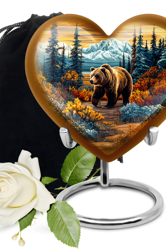 Warm Gold Bear Cremation Urn detail view - compassionate heart-bear combination with gentle curves - full-size 10 inch 200 cubic inch adult cremation urn