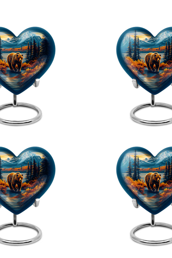 Vivid Blue Bear Cremation Urn angled view of lid and engraved motif - compassionate heart-bear combination with gentle curves - 10 inch aluminum urn for cremated remains