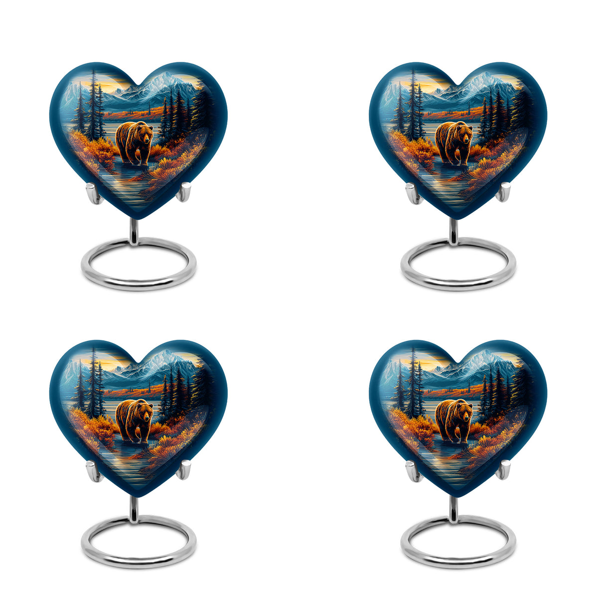 Vivid Blue Bear Cremation Urn angled view of lid and engraved motif - compassionate heart-bear combination with gentle curves - 10 inch aluminum urn for cremated remains