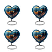Vivid Blue Bear Cremation Urn angled view of lid and engraved motif - compassionate heart-bear combination with gentle curves - 10 inch aluminum urn for cremated remains