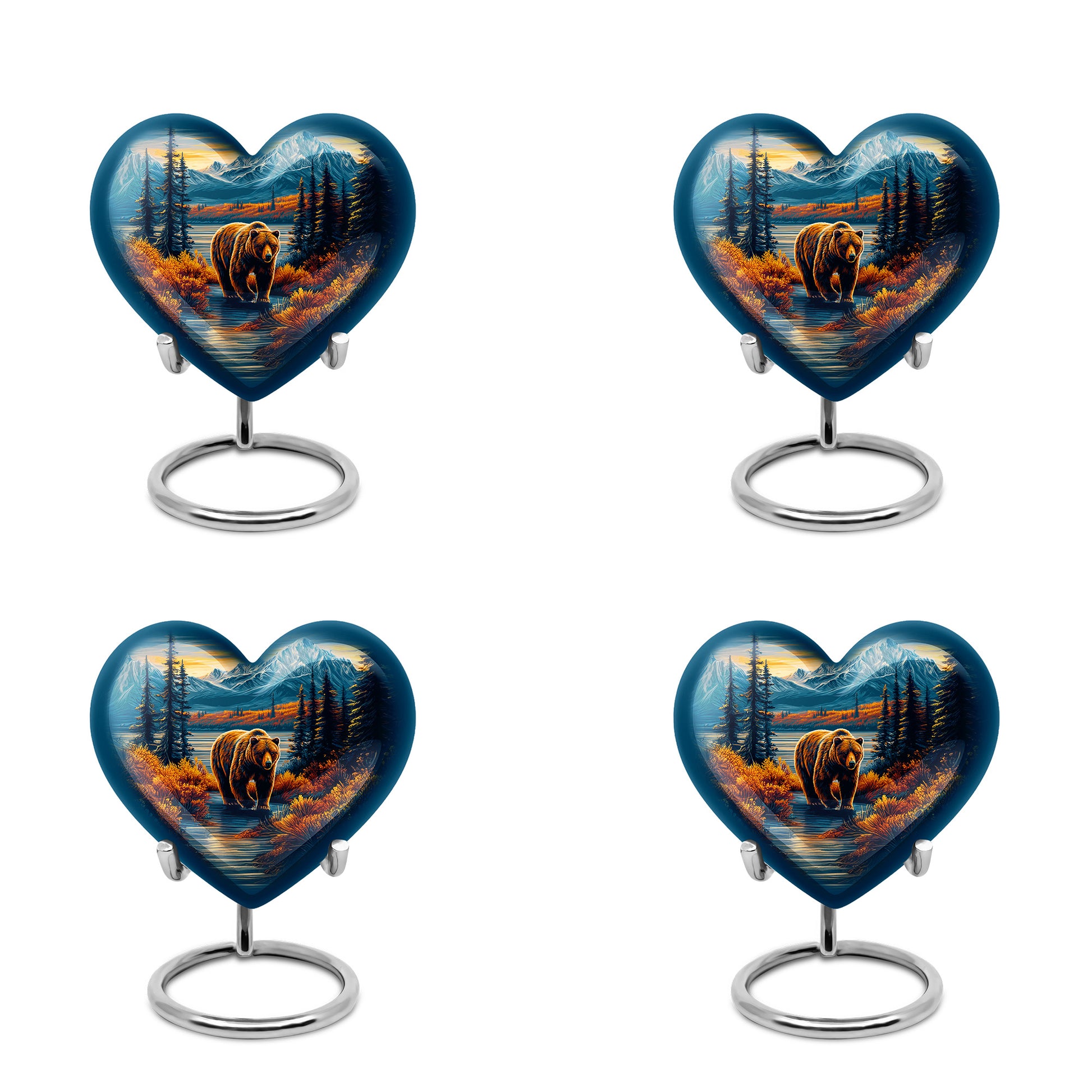 Vivid Blue Bear Cremation Urn angled view of lid and engraved motif - compassionate heart-bear combination with gentle curves - 10 inch aluminum urn for cremated remains