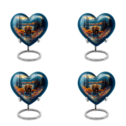 Vivid Blue Bear Cremation Urn angled view of lid and engraved motif - compassionate heart-bear combination with gentle curves - 10 inch aluminum urn for cremated remains