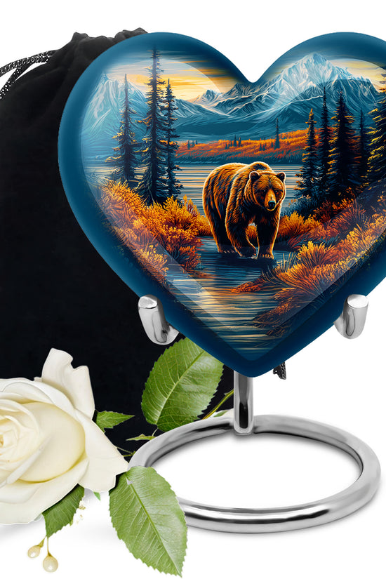 Cobalt Blue Bear Cremation Urn detail view - romantic heart urn with bear motif on aluminum - full-size 10 inch 200 cubic inch adult cremation urn
