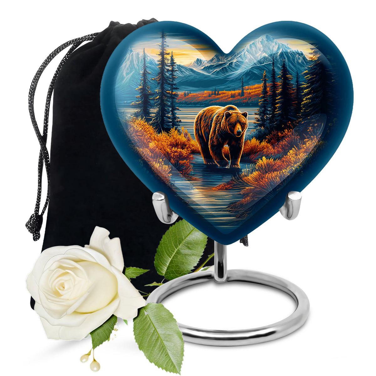 Cobalt Blue Bear Cremation Urn detail view - romantic heart urn with bear motif on aluminum - full-size 10 inch 200 cubic inch adult cremation urn