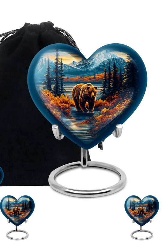 Powder Blue Bear Cremation Urn close-up of engraving and surface detail - heart-shaped bear design symbolizing eternal love - memorial set with one large and four small urns
