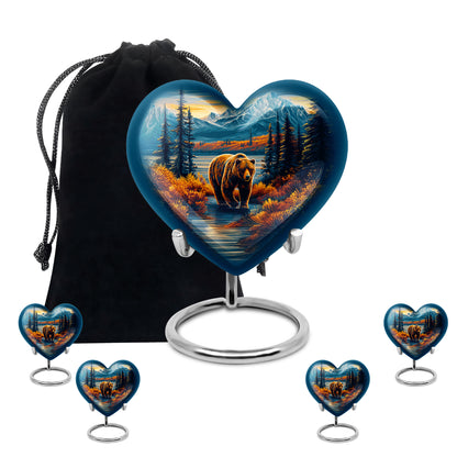 Powder Blue Bear Cremation Urn close-up of engraving and surface detail - heart-shaped bear design symbolizing eternal love - memorial set with one large and four small urns