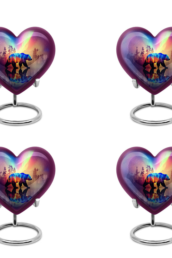 Twilight Blue Bear Cremation Urn angled view of lid and engraved motif - romantic heart urn with bear motif on aluminum - 10 inch aluminum urn for cremated remains