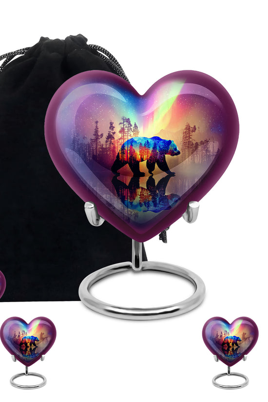 Cobalt Blue Bear Cremation Urn close-up of engraving and surface detail - romantic heart urn with bear motif on aluminum - memorial set with one large and four small urns