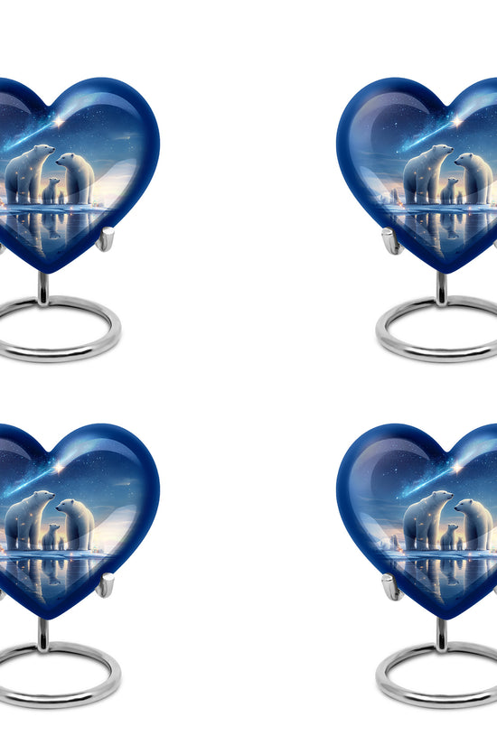 Misty Blue Bear Cremation Urn angled view of lid and engraved motif - loving heart memorial featuring bear pattern - 10 inch aluminum urn for cremated remains