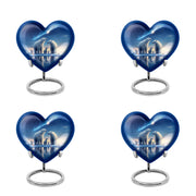 Misty Blue Bear Cremation Urn angled view of lid and engraved motif - loving heart memorial featuring bear pattern - 10 inch aluminum urn for cremated remains