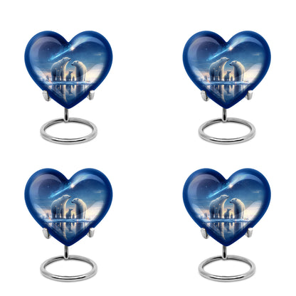 Misty Blue Bear Cremation Urn angled view of lid and engraved motif - loving heart memorial featuring bear pattern - 10 inch aluminum urn for cremated remains