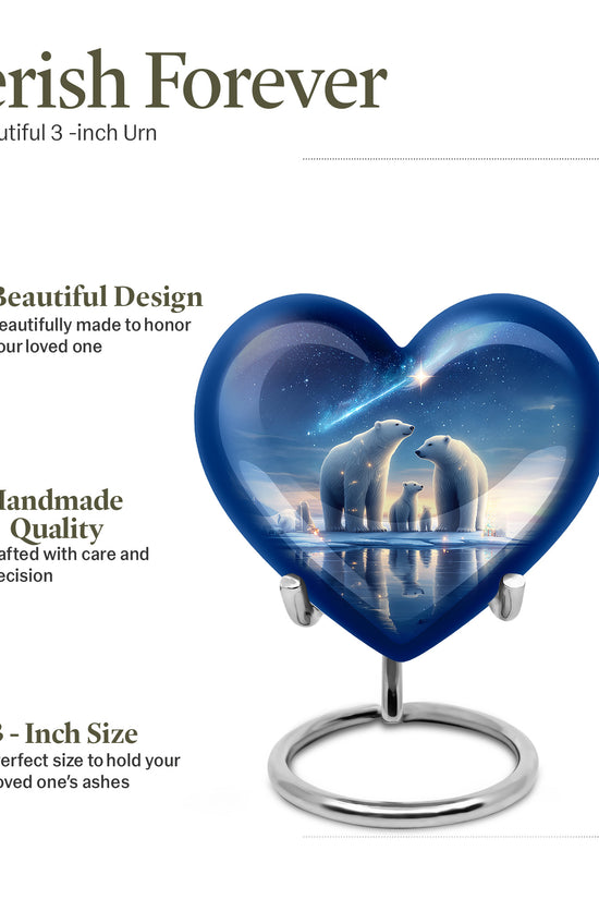 Icy Blue Bear Cremation Urn front view showing detailed design - loving heart memorial featuring bear pattern - mini keepsake memorial for portion of cremation ashes