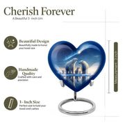 Icy Blue Bear Cremation Urn front view showing detailed design - loving heart memorial featuring bear pattern - mini keepsake memorial for portion of cremation ashes