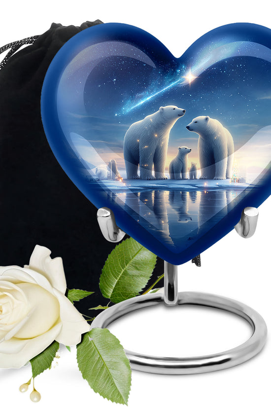 Misty Blue Bear Cremation Urn detail view - heart-shaped bear design symbolizing eternal love - full-size 10 inch 200 cubic inch adult cremation urn