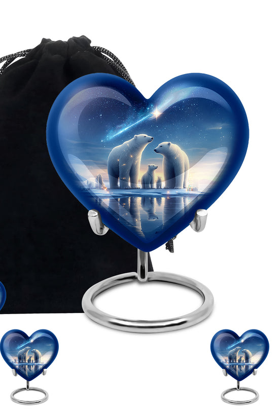 Powder Blue Bear Cremation Urn close-up of engraving and surface detail - loving heart memorial featuring bear pattern - memorial set with one large and four small urns