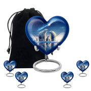 Powder Blue Bear Cremation Urn close-up of engraving and surface detail - loving heart memorial featuring bear pattern - memorial set with one large and four small urns